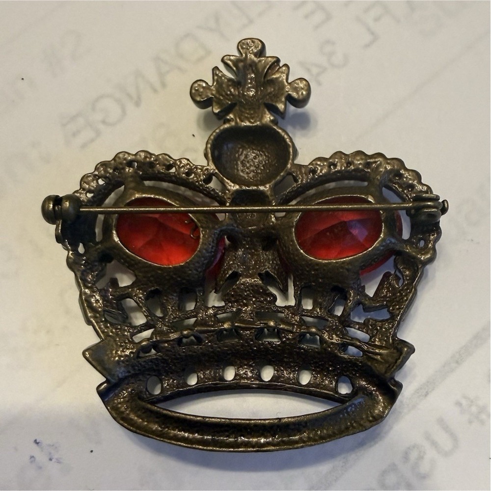 Vintage 1949 Mazer Crown Brooch with Red and Green Glass Stones, Silver Tone